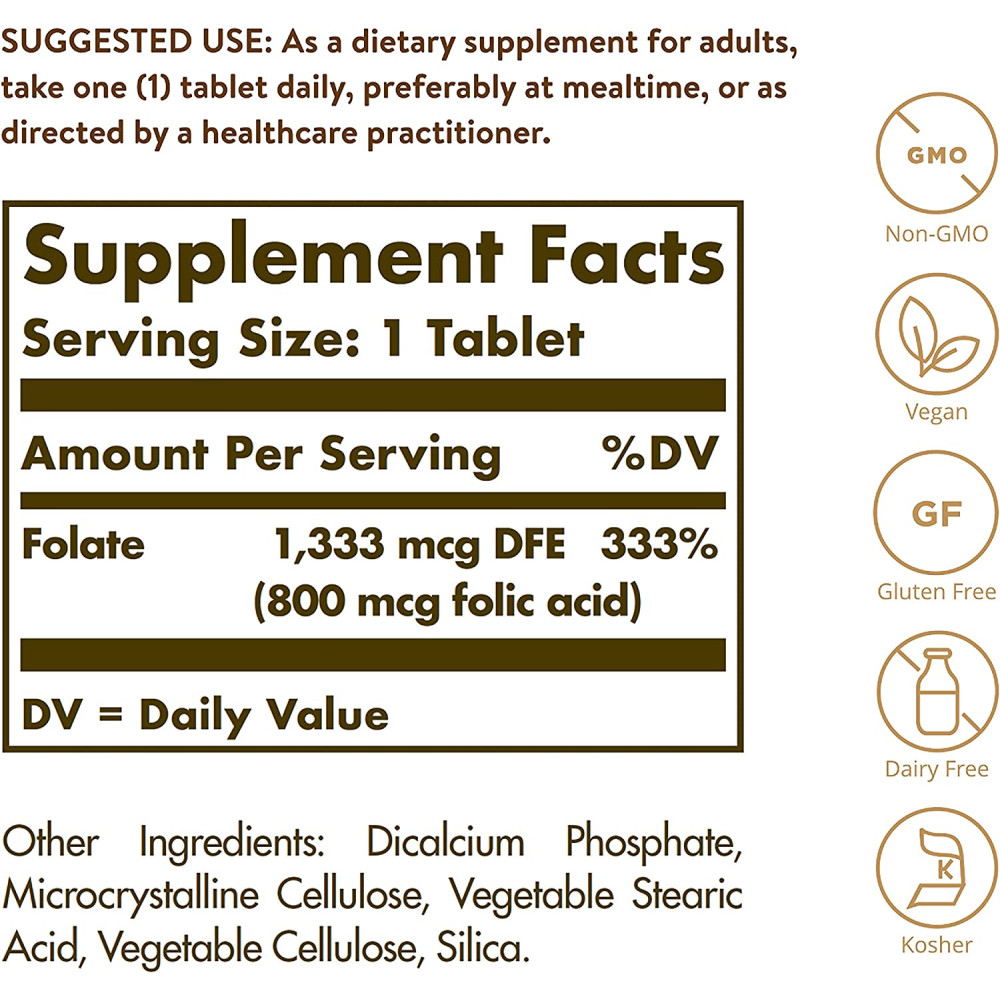 Фолієва кислота Solgar Folate 1333 mcg DFE (Folic Acid 800 mcg) 100 Tabs