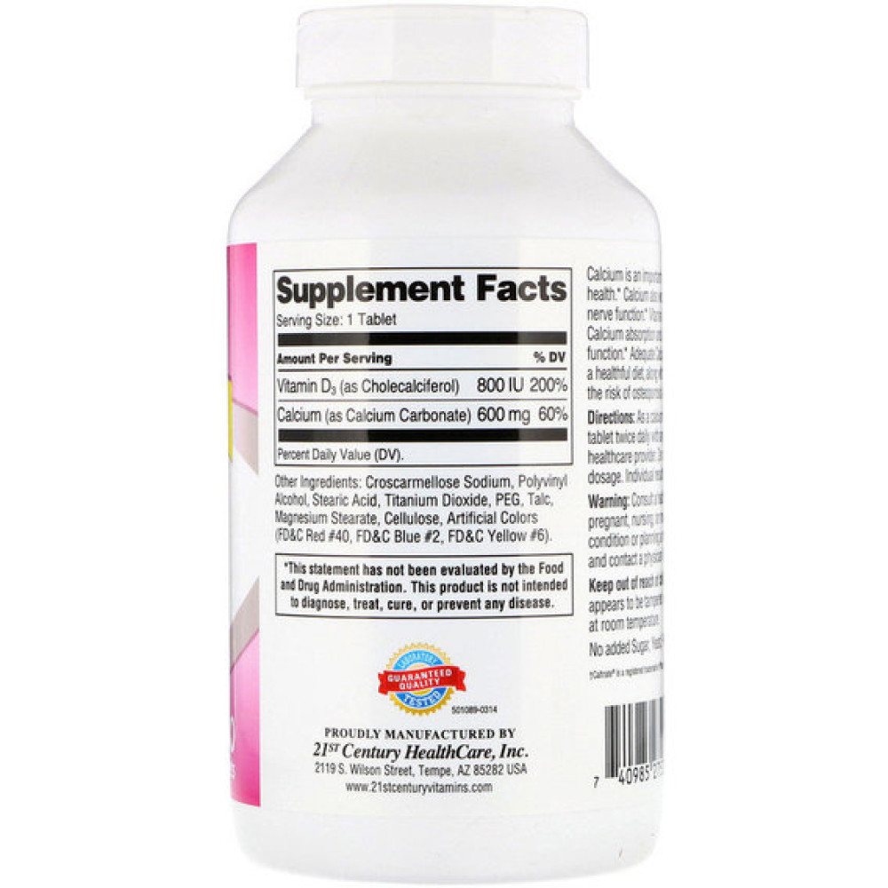 Мікроелемент Кальцій 21st Century 600+D3, Calcium Supplement, 600 mg/800IU 400 Tabs