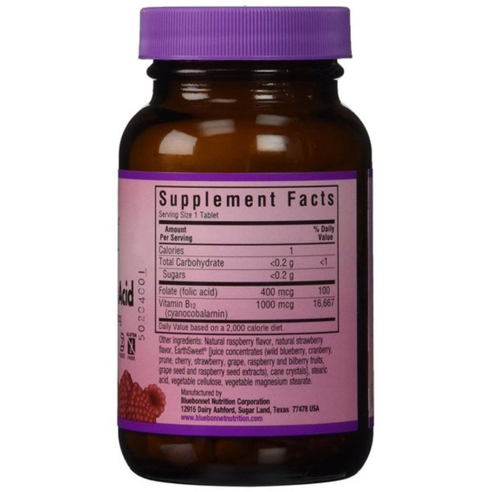 Фолієва кислота Bluebonnet Nutrition Earth Sweet Chewables Vitamin B12 & Folic Acid 90 Chewable Tabs Raspberry