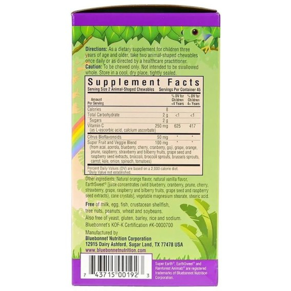 Вітамін C Bluebonnet Nutrition Rainforest Animalz Vitamin С for kids 90 Animal-Shaped Chewables Natural Orange Flavor BLB0192
