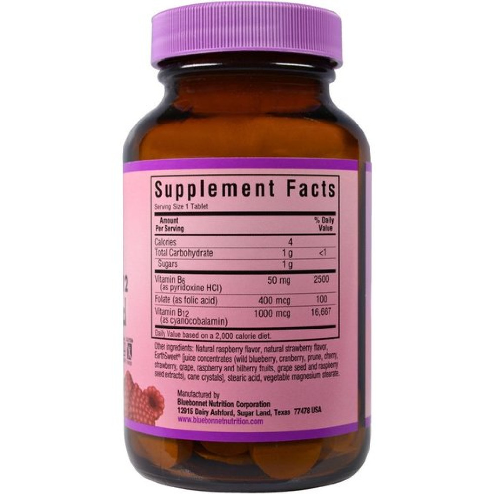 Фолієва кислота Bluebonnet Nutrition Vitamin B6, B12 + Folic Acid 60 Chewable Tabs Natural Raspberry Flavor BLB0445