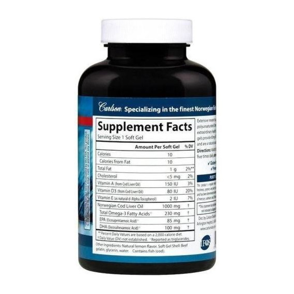 Жир із печінки тріски Carlson Labs Cod Liver Oil 150+30 Caps Lemon