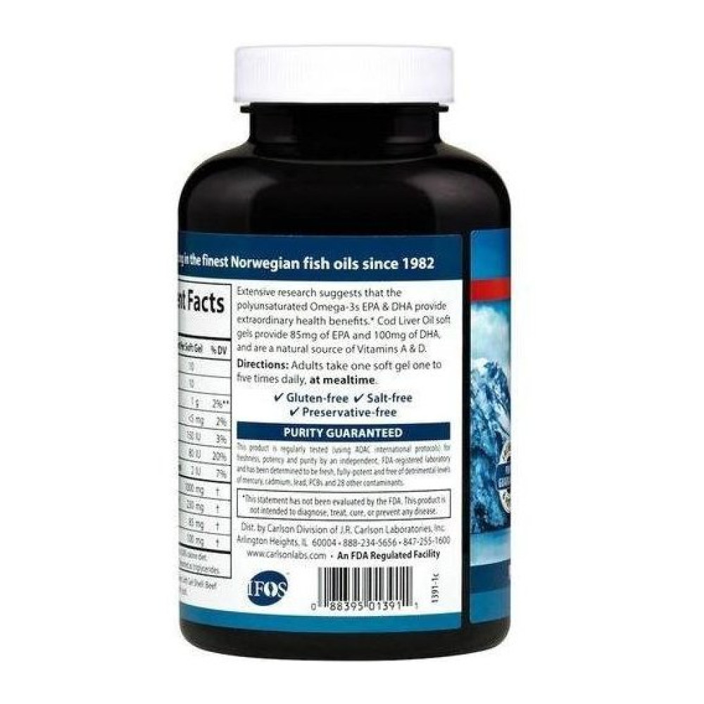 Жир із печінки тріски Carlson Labs Cod Liver Oil 150+30 Caps Lemon