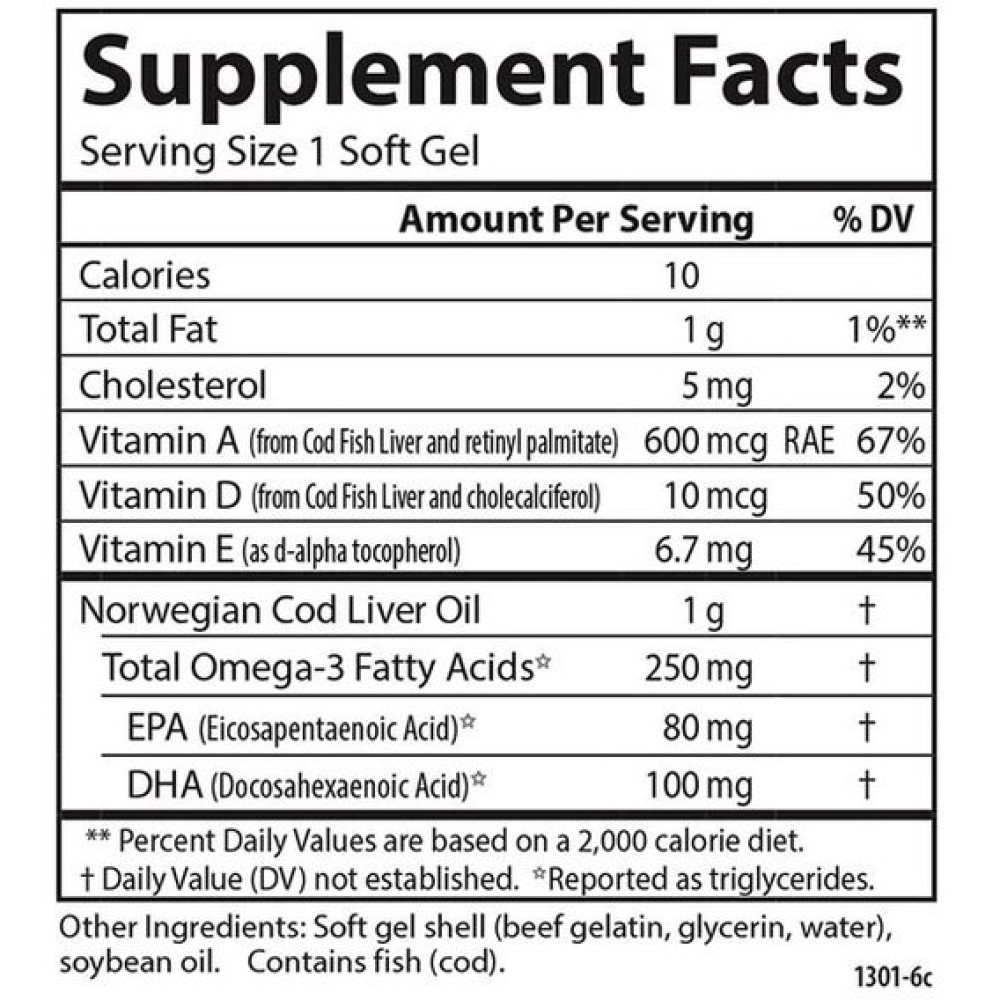 Жир із печінки тріски Carlson Labs Cod Liver Oil Gems 1000 mg 250 Soft Gels