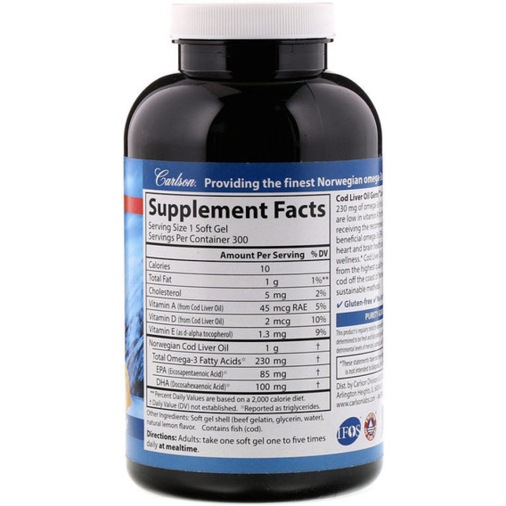 Жир із печінки тріски Carlson Labs Cod Liver Oil Gems Low Vitamin A 300 Soft Gels Natural Lemon Flavor CAR-01393