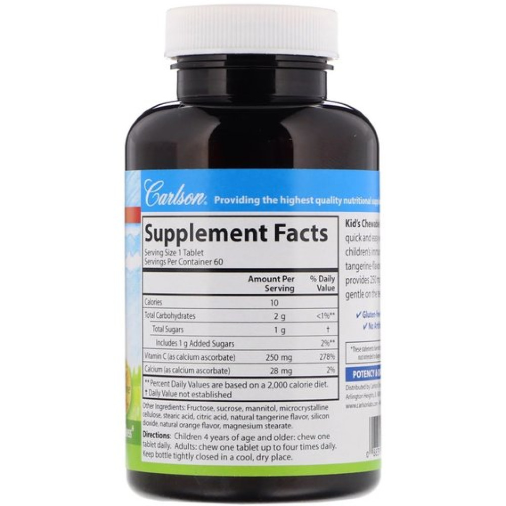 Вітамін C Carlson Labs Kid's Chewable Vitamin C 250 mg 60 Veg Tabs Natural Tangerine Flavor