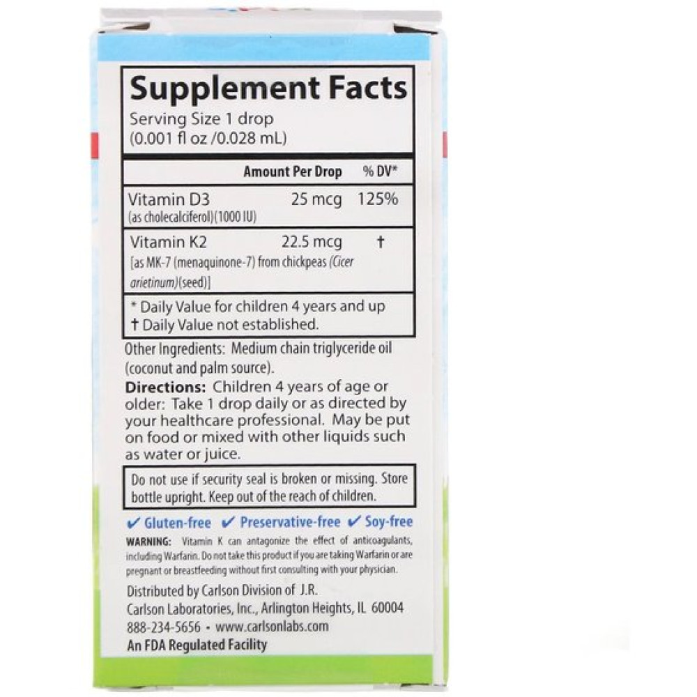 Комплекс Вітамін D3+K2 Carlson Labs Kid's Super Daily D3+K2 25 mcg (1,000 IU) & 22.5 mcg 0.34 fl oz 10,16 ml
