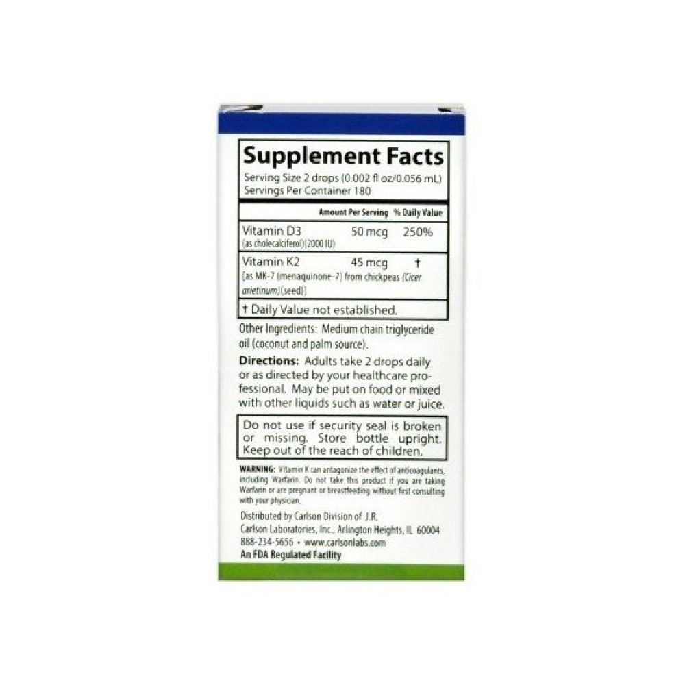 Комплекс Вітамін D3+K2 Carlson Labs Liquid Vitamins Super Daily D3+K2 50 mcg (2,000 IU) & 45 mcg 0.34 fl oz 10,16 ml