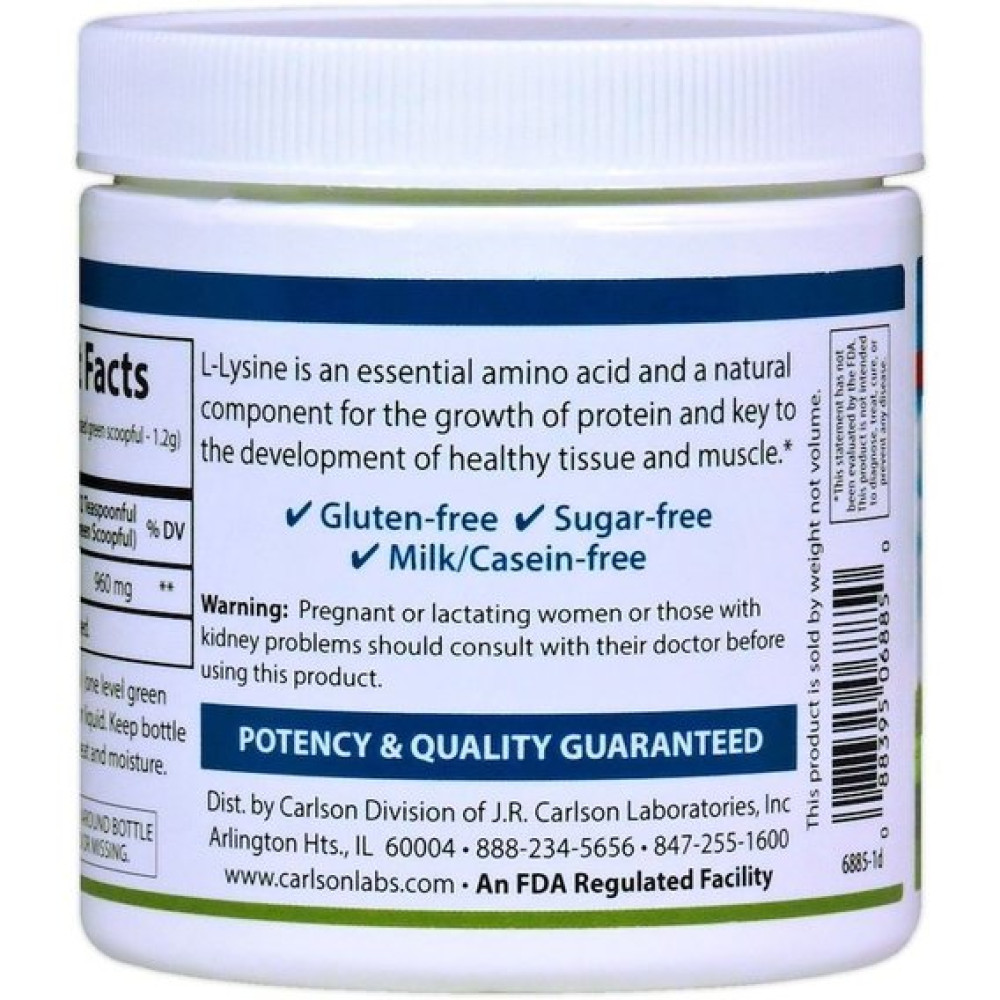 Амінокислота Лізін Carlson Labs L-Lysine Amino Acid Powder 3.53 oz 100 g /83 servings/