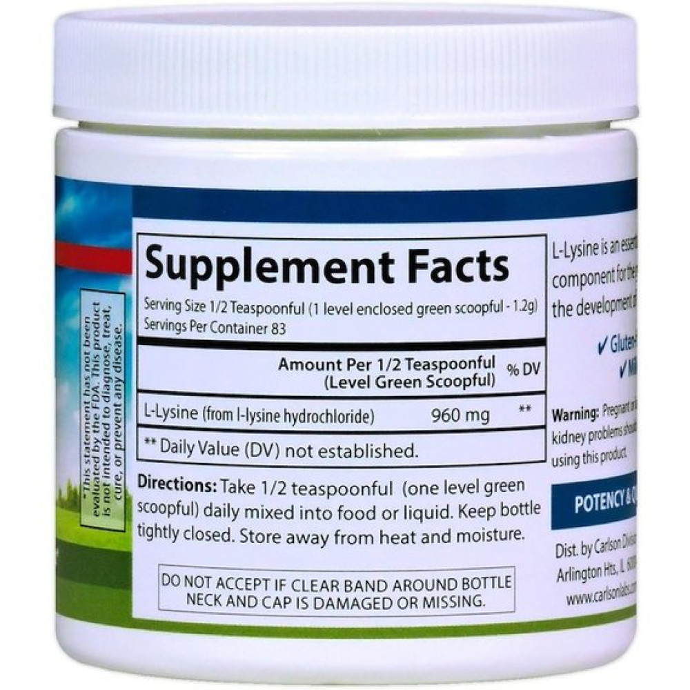 Амінокислота Лізін Carlson Labs L-Lysine Amino Acid Powder 3.53 oz 100 g /83 servings/