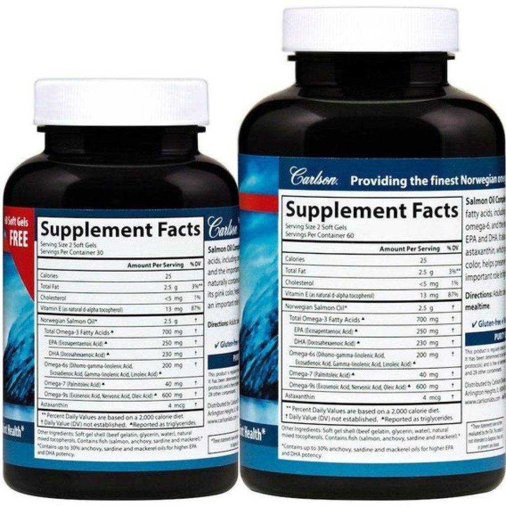 Жир лосося Carlson Labs Salmon Oil Complete 120+60 Soft Gels