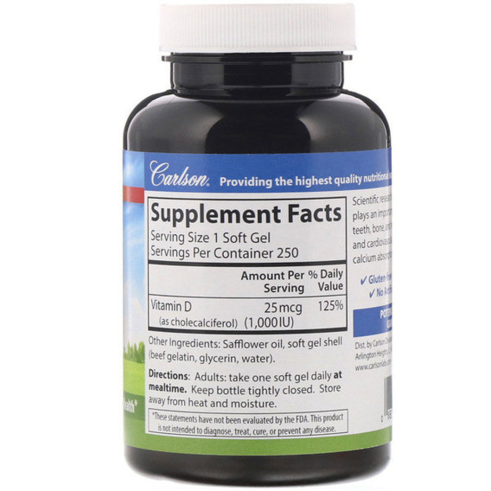 Вітамін D Carlson Labs Vitamin D3, 25 mcg (1000 IU) 250 Soft Gels CAR-01452