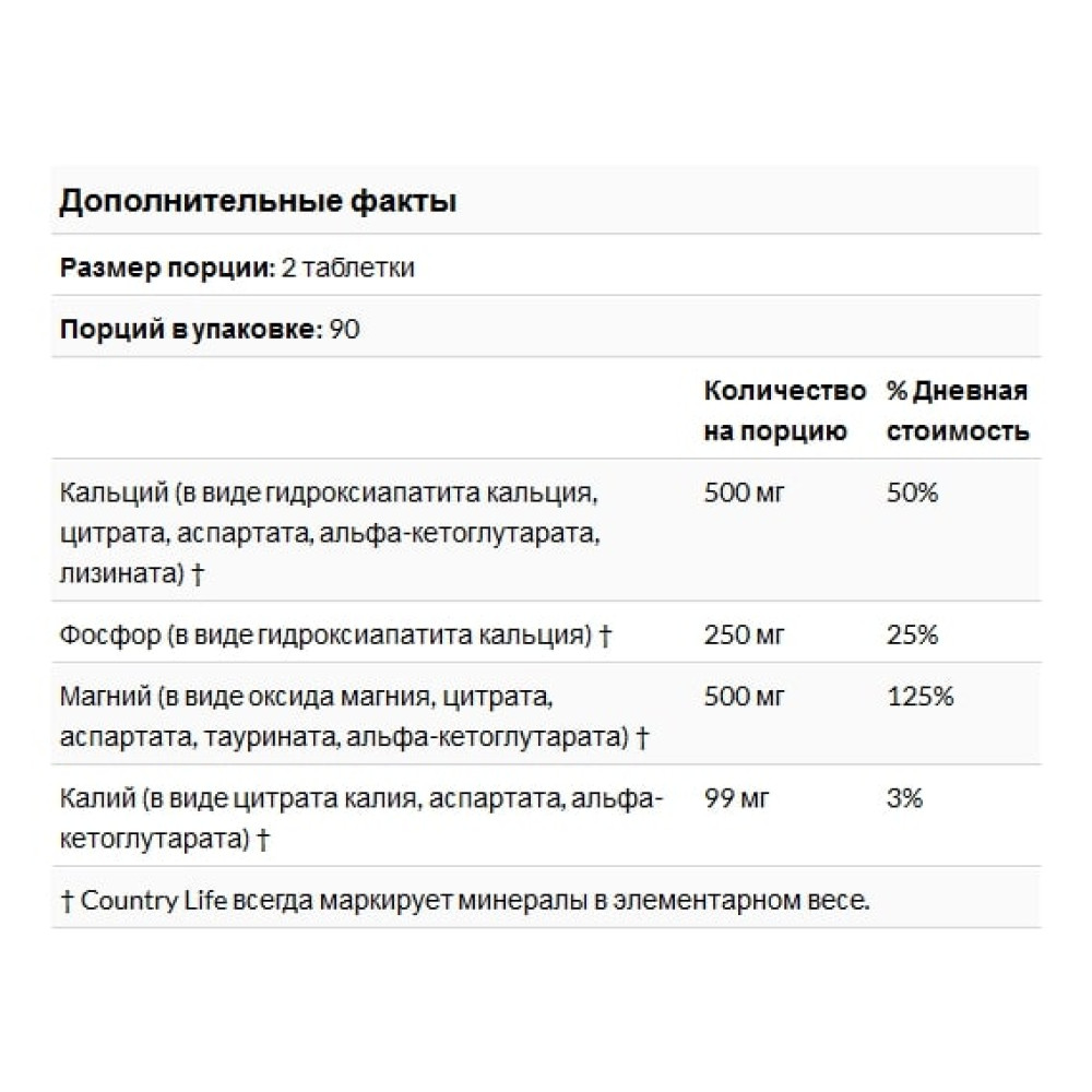 Мультимінеральний комплекс Country Life Calcium, Magnesium, and Potassium 500 mg : 500 mg : 99 mg 180 Tabs CLF-02486