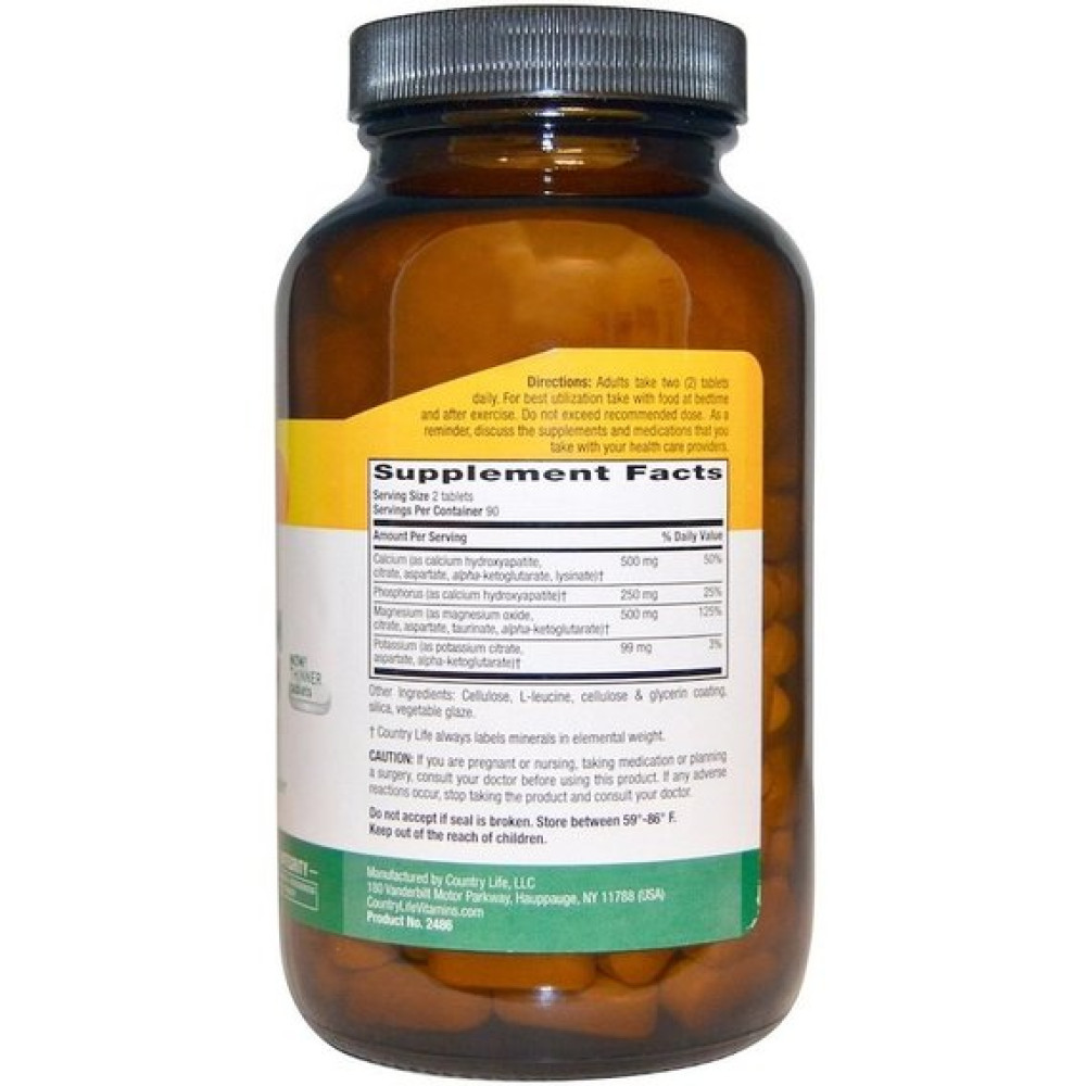 Мультимінеральний комплекс Country Life Calcium, Magnesium, and Potassium 500 mg : 500 mg : 99 mg 180 Tabs CLF-02486