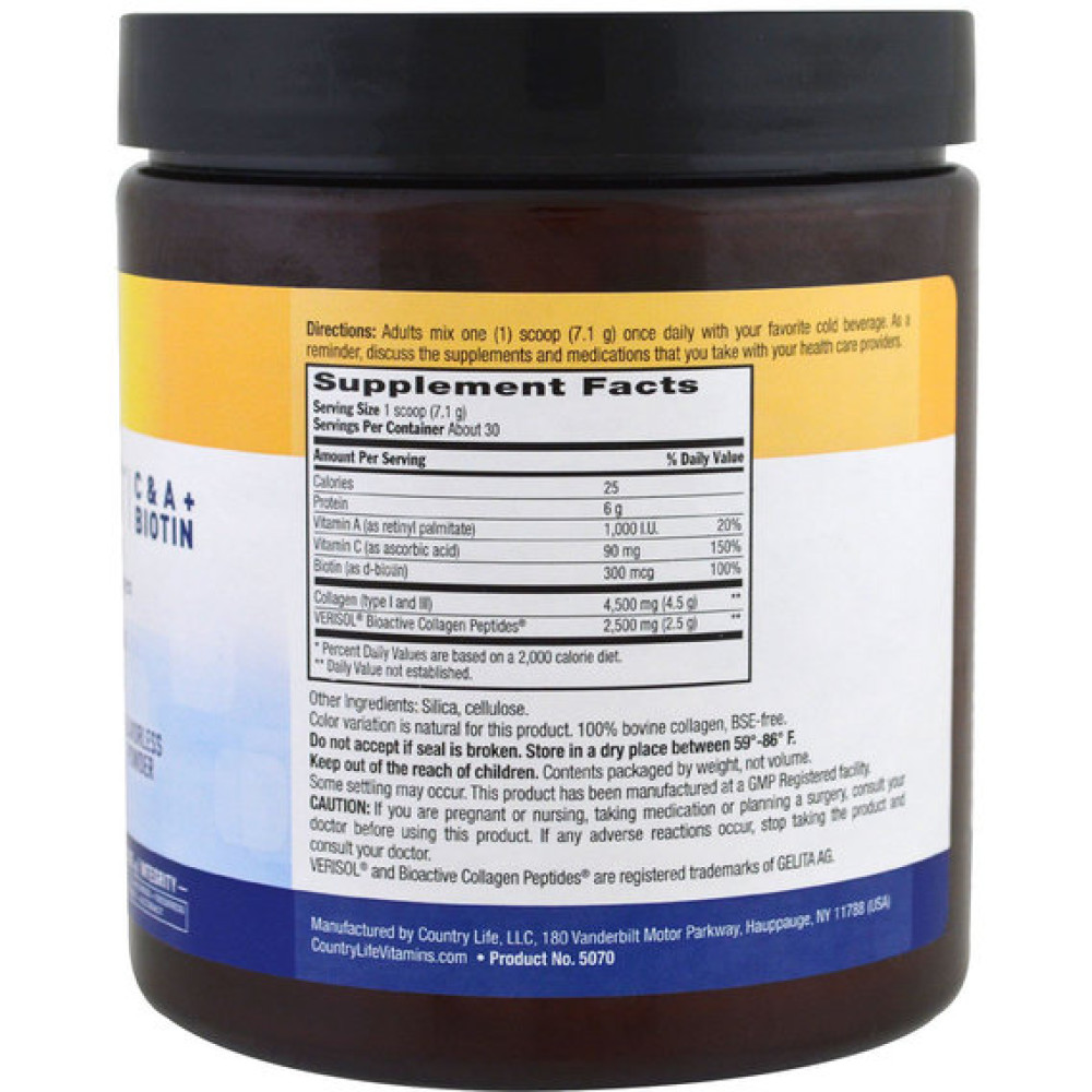 Комплекс для шкіри, волосся, нігтів Country Life Maxi-Collagen C & A plus Biotin High Potency Flavorless Powder 7.5 oz 213 g /30 servings/