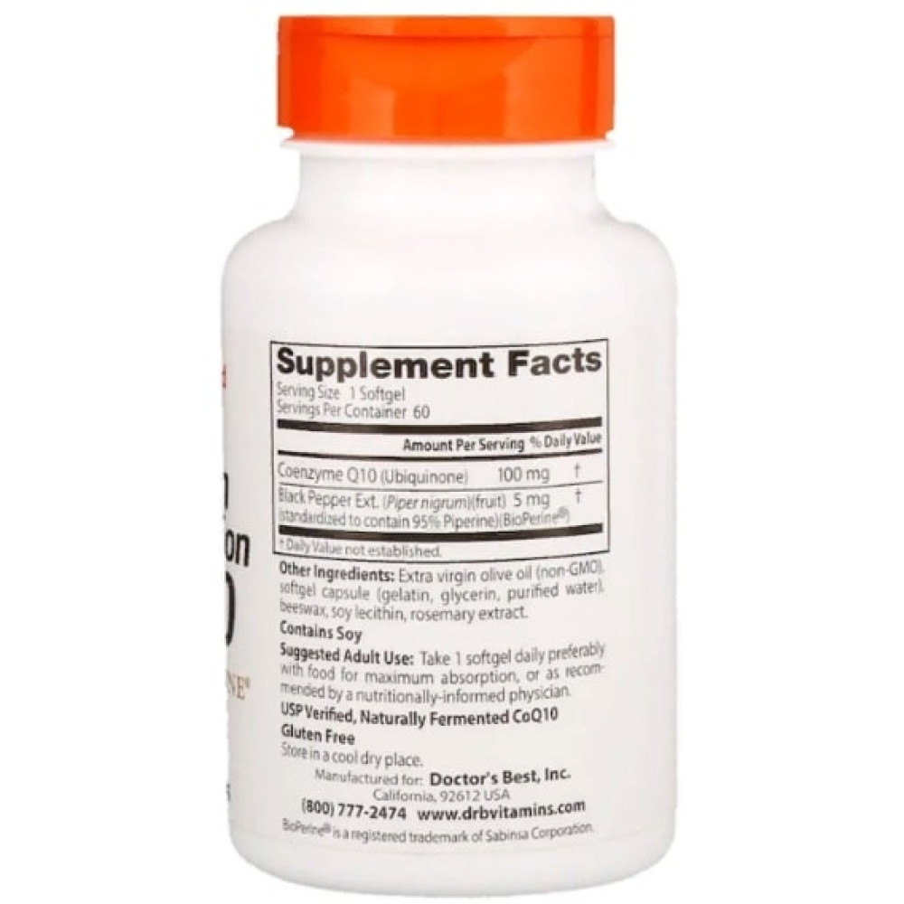 Коензим Doctor's Best High Absorption CoQ10 with BioPerine 100 mg 60 Softgels DRB-00088