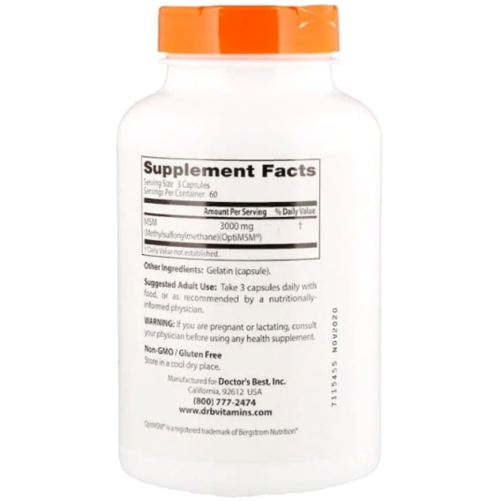 Препарат для суглобів та зв'зок Doctor's Best MSM with OptiMSM 1000 mg 180 Caps DRB-00064