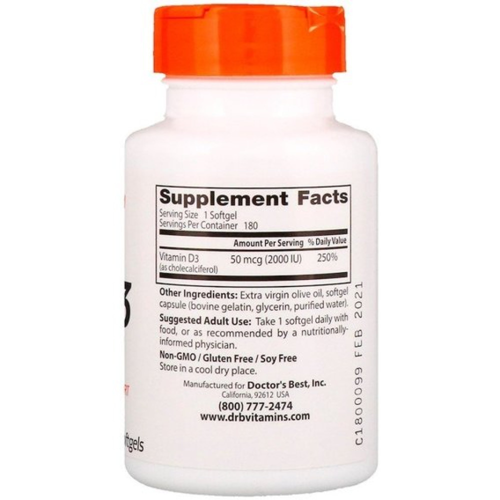 Вітамін D Doctor's Best Vitamin D3 2000 IU 180 Softgels DRB-00210