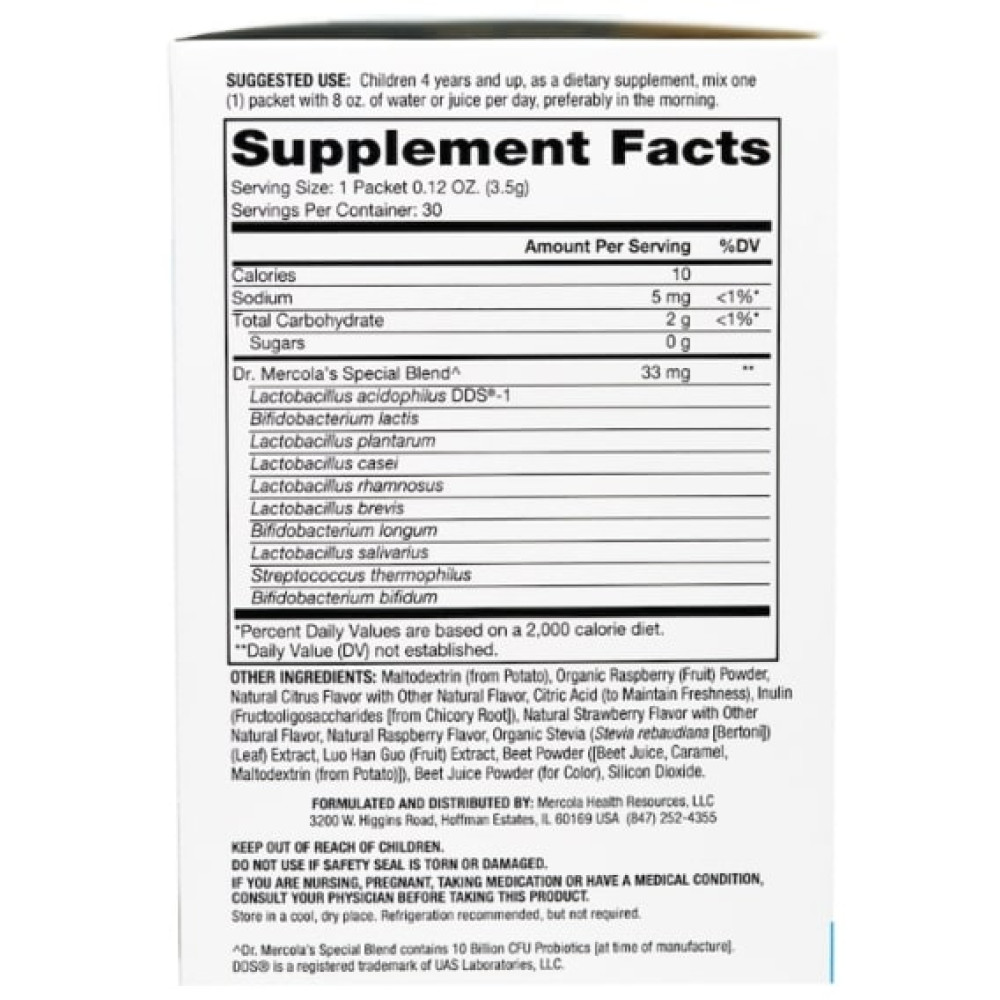 Пробіотик Dr. Mercola Complete Probiotics Powder Packets for Kids 30 packs 3,5 g Natural Raspberry Flavor MCL-01198