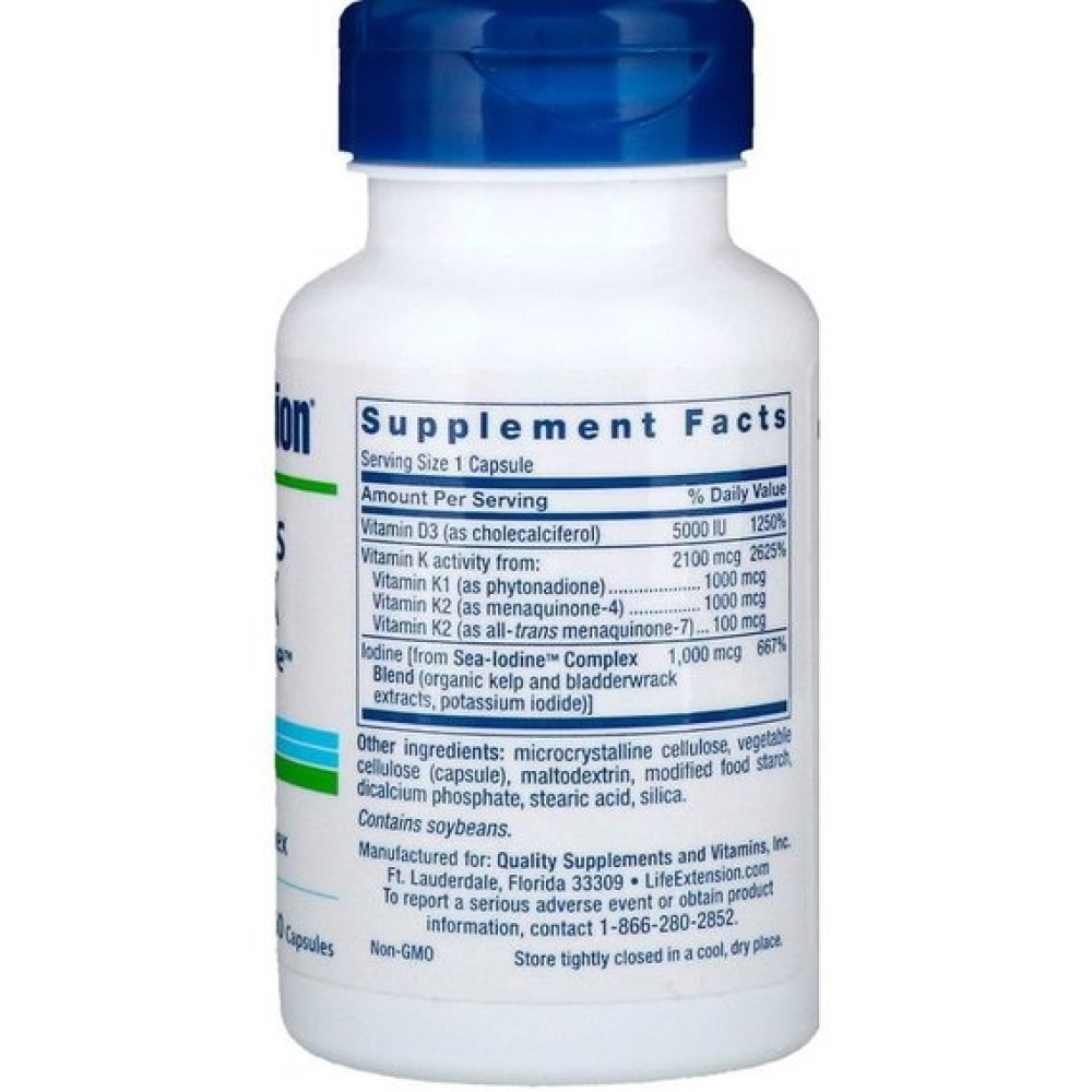 Комплекс Вітамін D3+K2 Life Extension Vitamins D and K with Sea-Iodine 60 Caps