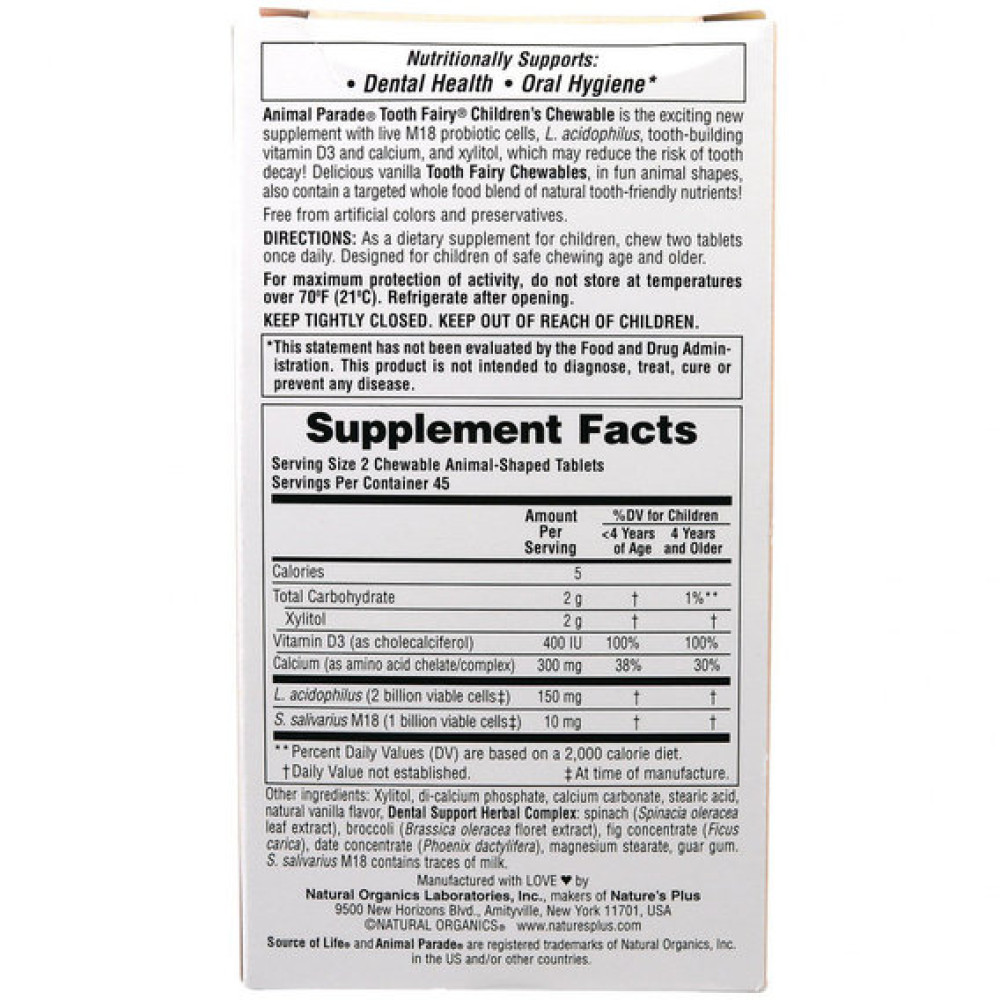 Пробіотик Nature's Plus Animal Parade, Tooth Fairy 90 Chewable Tabs Vanilla
