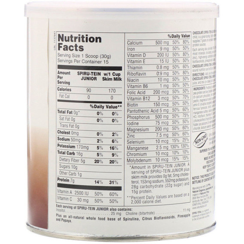 Суперфуд Nature's Plus Spiru-Tein Junior, Nutritious Thick Shake Mix, Chocolate, 1 lb 450 g /15 servings/ Chocolate NAP-45602