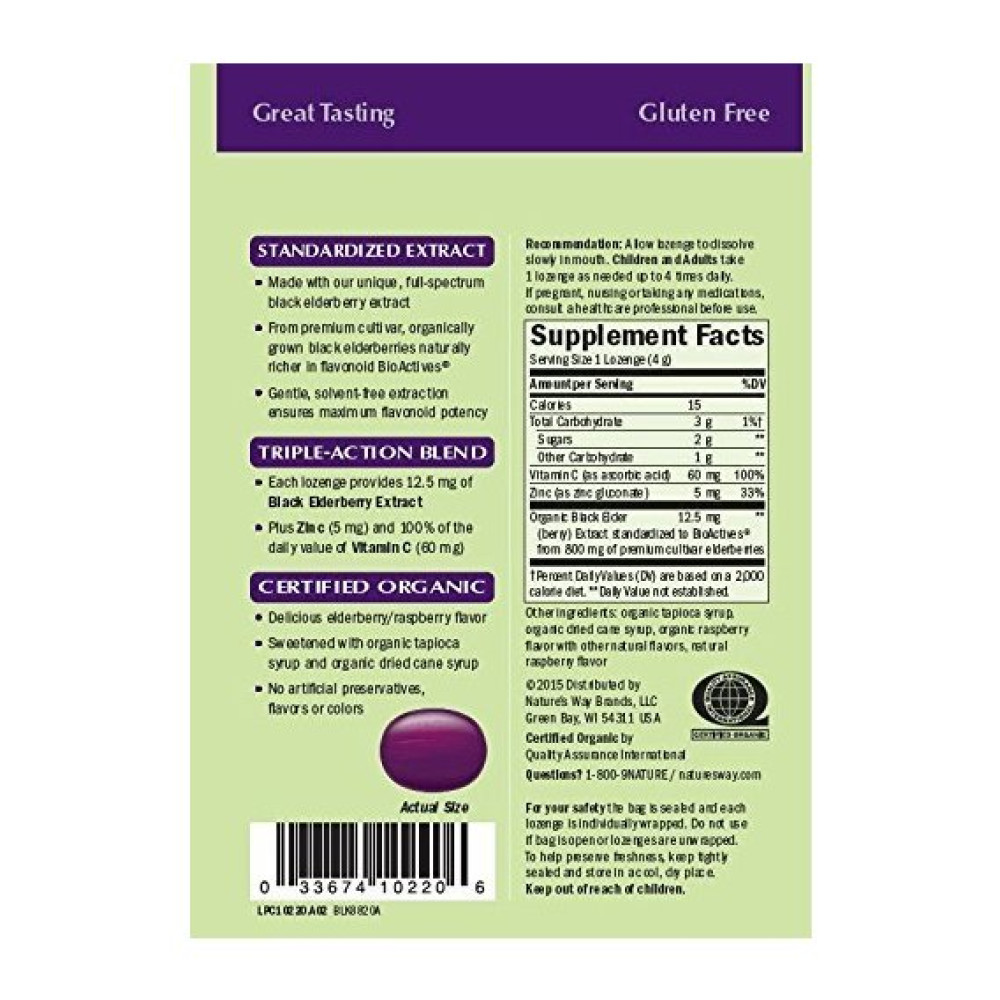 Бузина Nature's Way Sambucus Organic Zinc Lozenges 24 Lozenges Berry Flavor