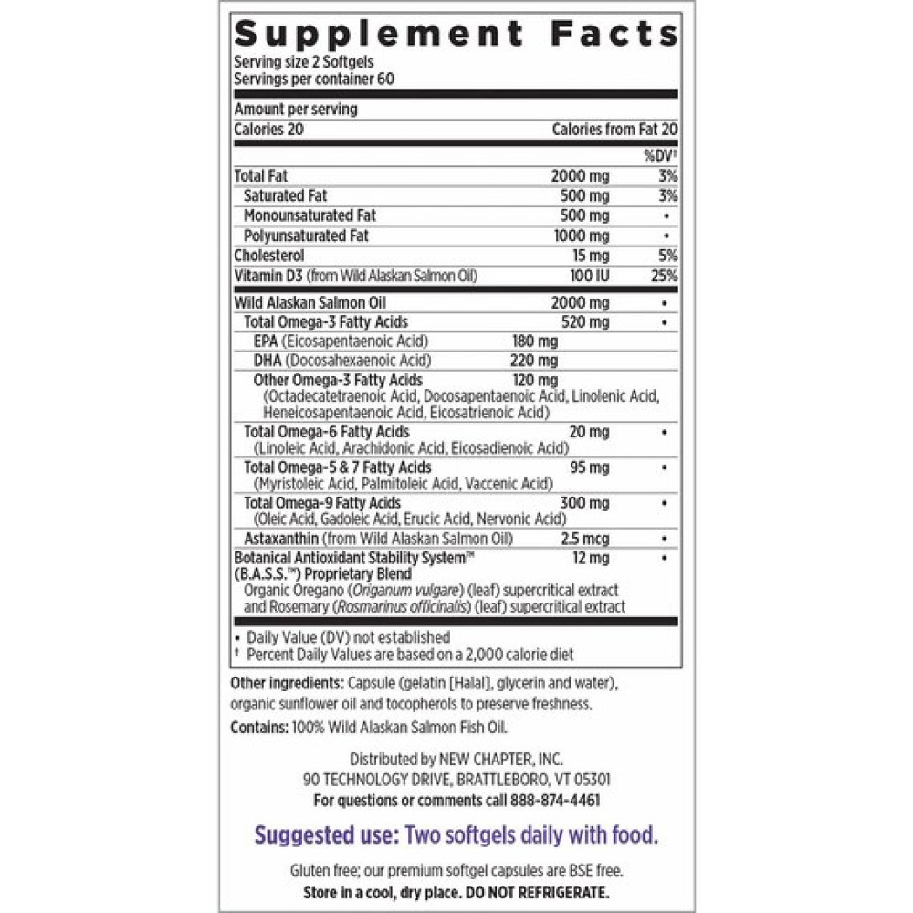 Жир лосося New Chapter Wholemega Extra Virgin Wild Alaskan Salmon Whole Fish Oil 1000 mg 120 Softgels