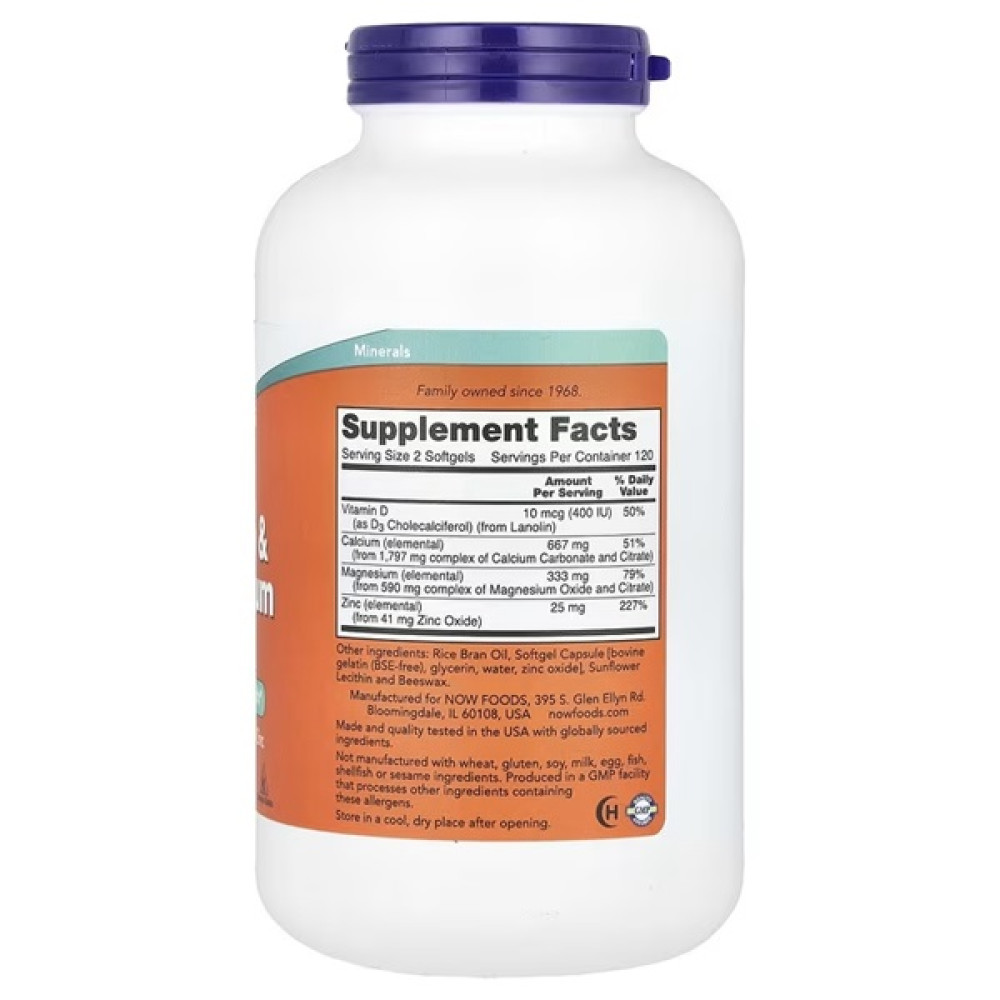 Мультимінеральний комплекс NOW Foods Calcium & Magnesium with D3 and Zink 240 Softgels