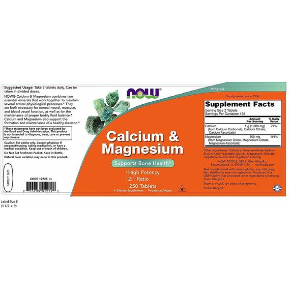 Мікроелемент Кальцій NOW Foods Calcium & Magnesium, 500/250 mg 250 Tabs