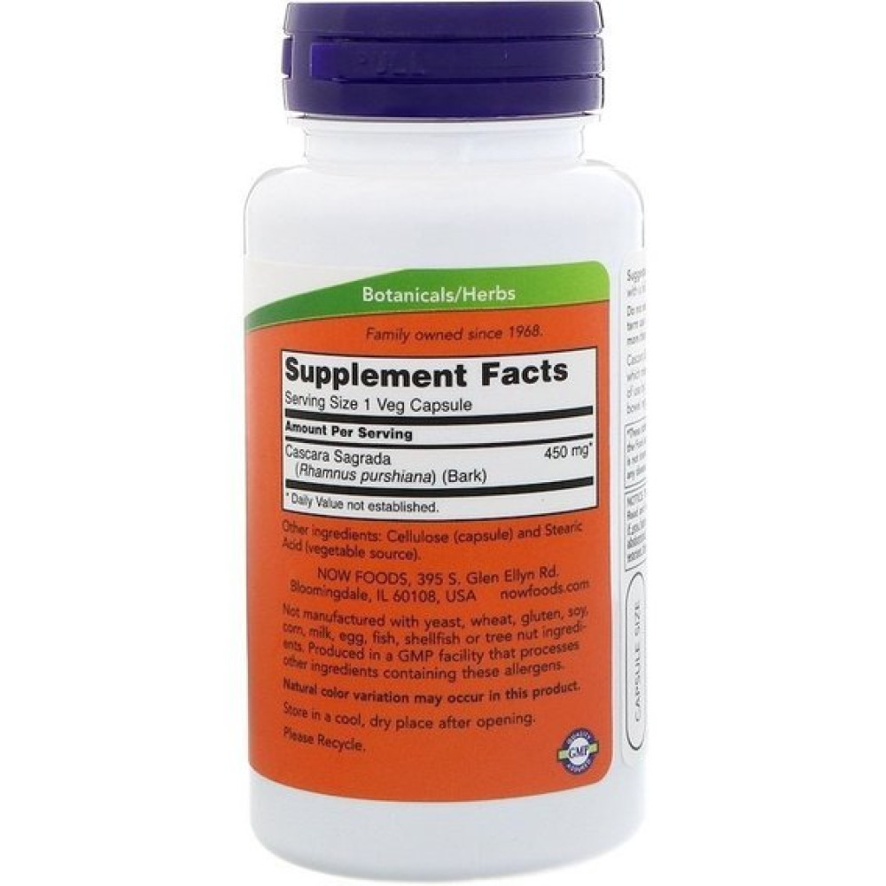 Покращення роботи кишечника NOW Foods Cascara Sagrada 450 mg 100 Veg Caps