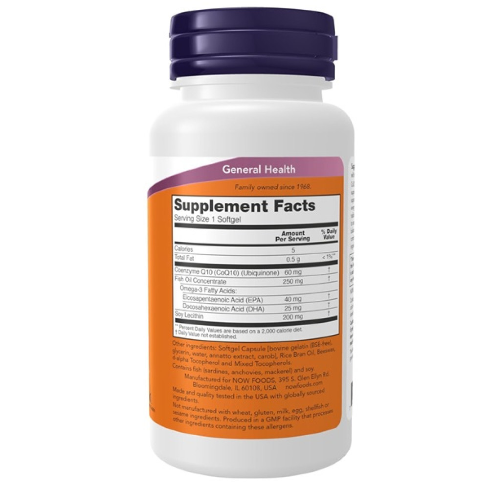 Коензим NOW Foods Coenzyme Q10 60 mg With Omega-3 Fish Oil 60 Softgels