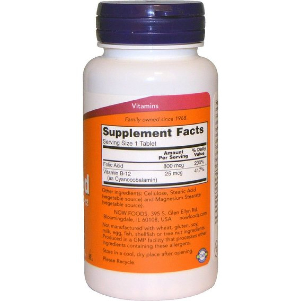 Фолієва кислота NOW Foods Folic Acid 800 mcg with Vitamin B-12 250 Tabs