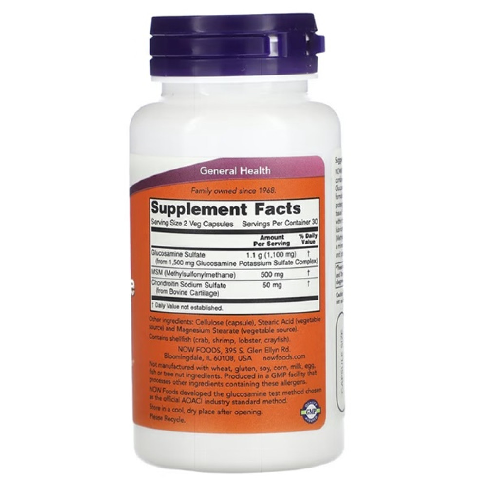 Препарат для суглобів та зв'зок NOW Foods Glucosamine MSM, 750 / 250mg 60 Veg Caps