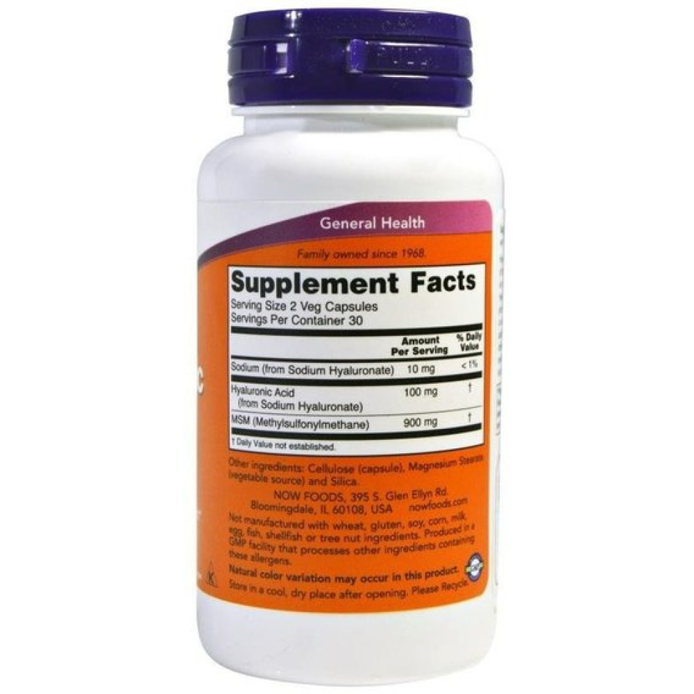 Гіалуронова кислота NOW Foods Hyaluronic Acid with MSM 60 Veg Caps