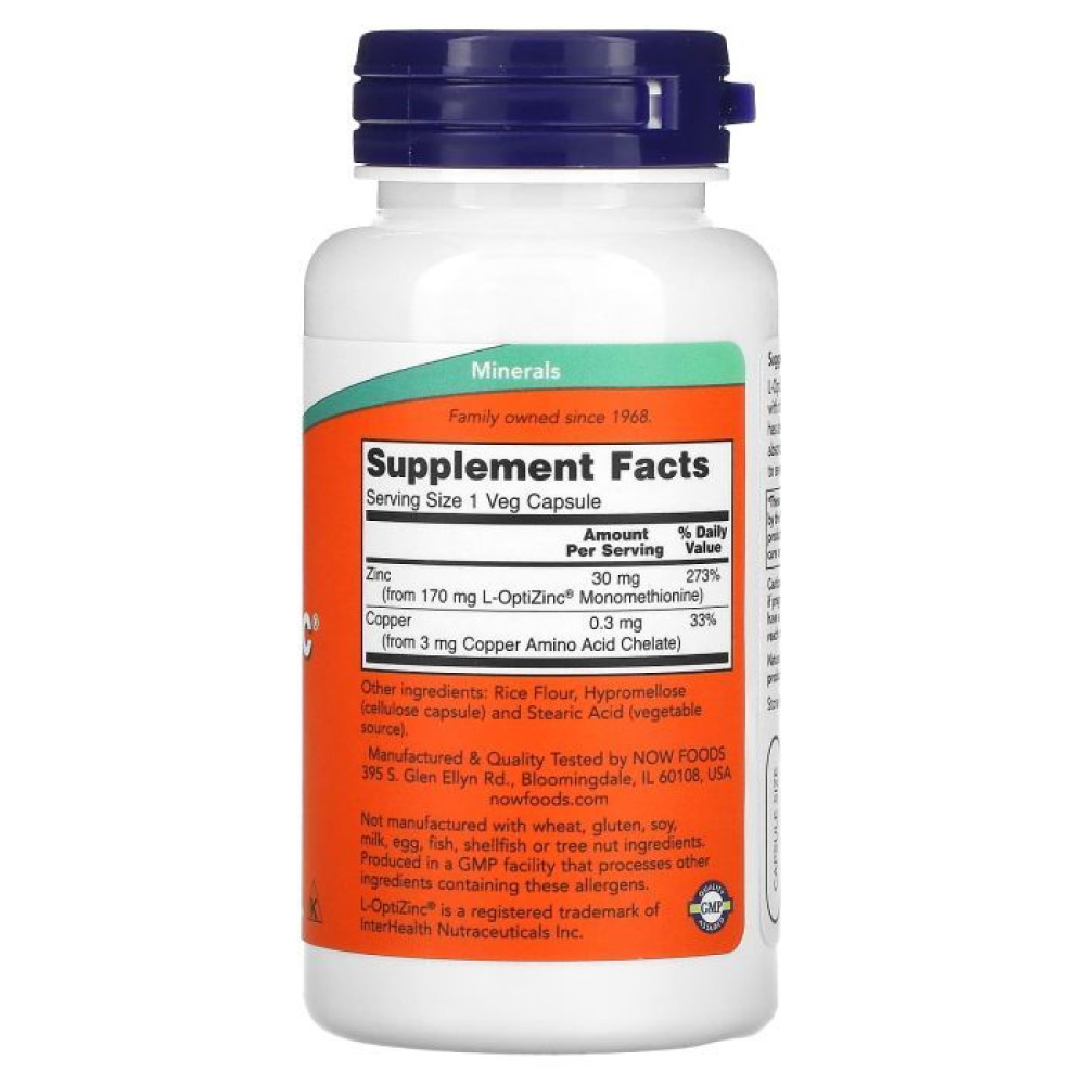 Мікроелемент Цинк NOW Foods L-OptiZinc 30 mg 100 Veg Caps