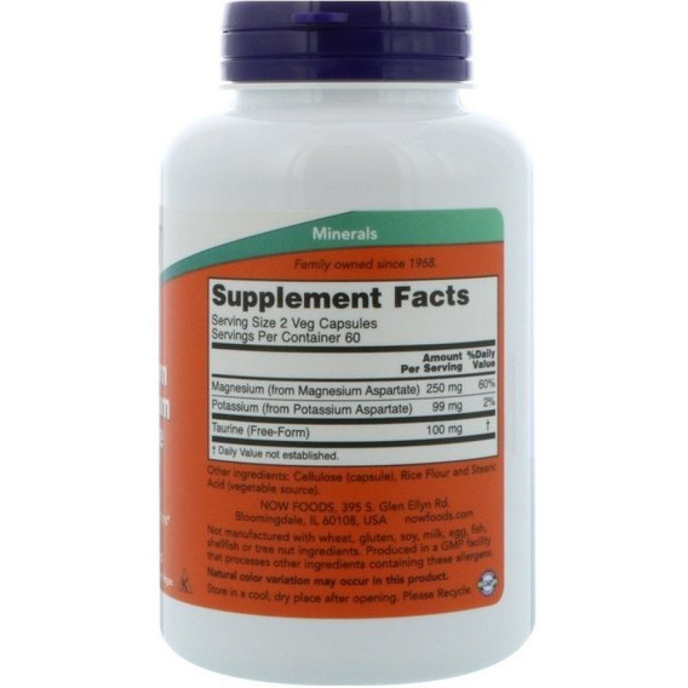 Мікроелемент Магній NOW Foods Magnesium & Potassium Aspartate with Taurine Capsules 120 Veg Caps