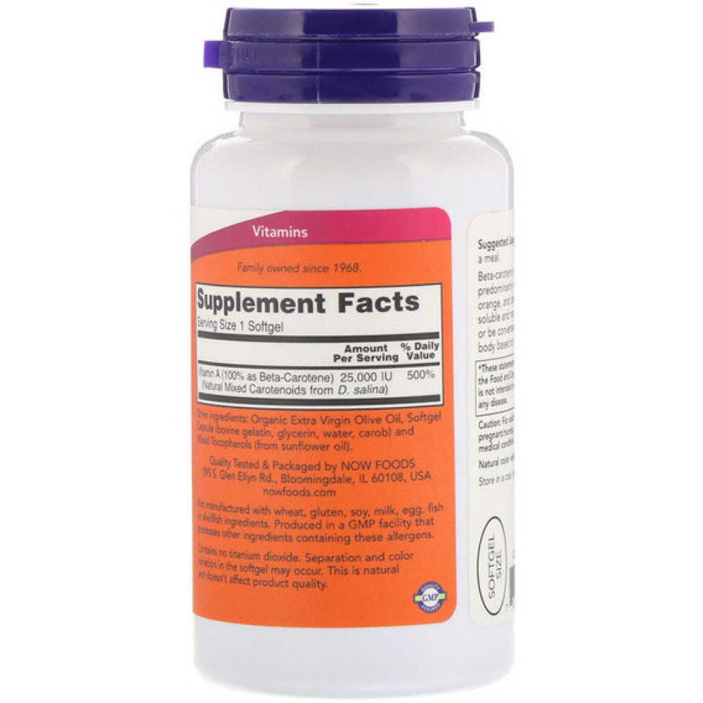 Вітамін A NOW Foods Natural Beta Carotene 25000 IU 90 Softgels
