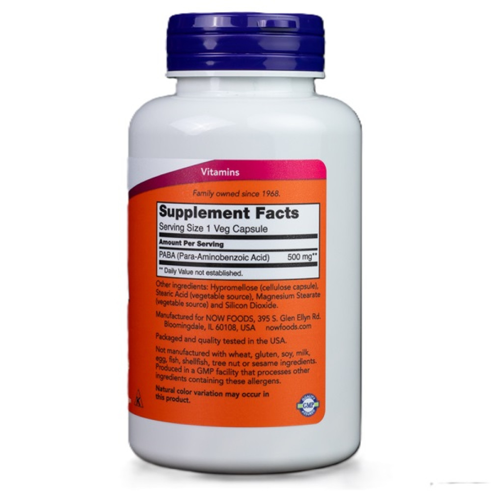 Фолієва кислота NOW Foods PABA 500 mg 100 Veg Caps