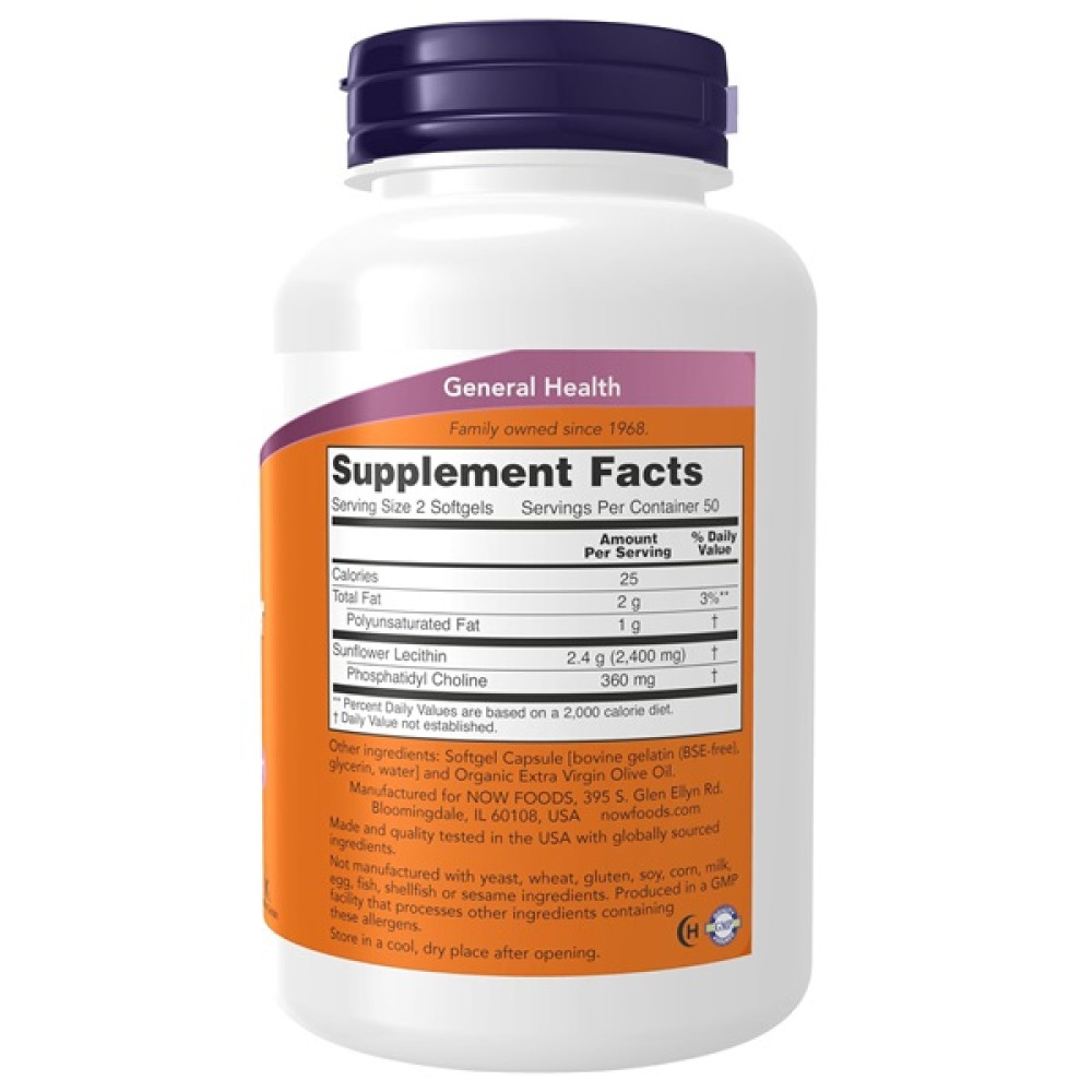 Лецитин NOW Foods Sunflower Lecithin 1200 mg 100 Softgels NOW-02311