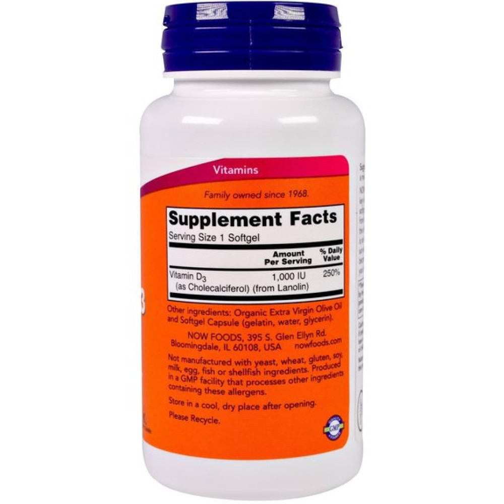 Вітамін D NOW Foods Vitamin D-3 1000 IU 180 Softgels