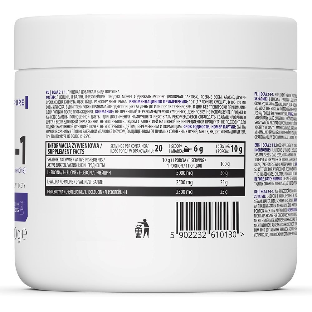 Амінокислота BCAA для спорту OstroVit BCAA 2-1-1 200 g /20 servings/ Pure