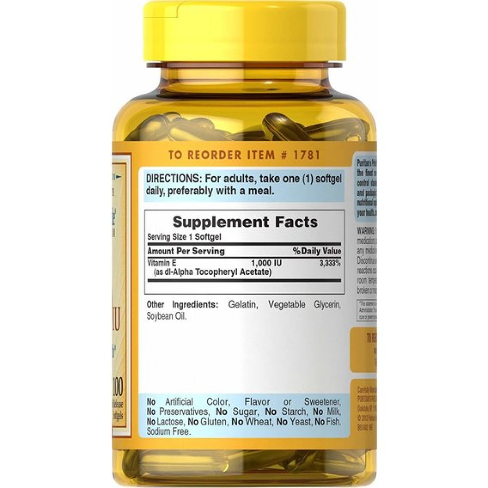 Вітамін E Puritan's Pride Vitamin E 1000 IU 100 Softgels
