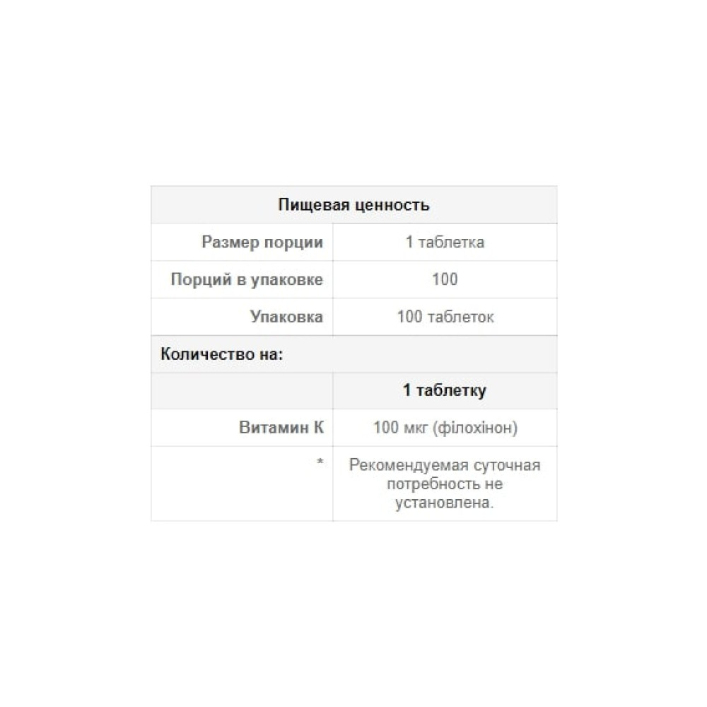Вітамін K Puritan's Pride Vitamin K 100 mcg 100 Tabs