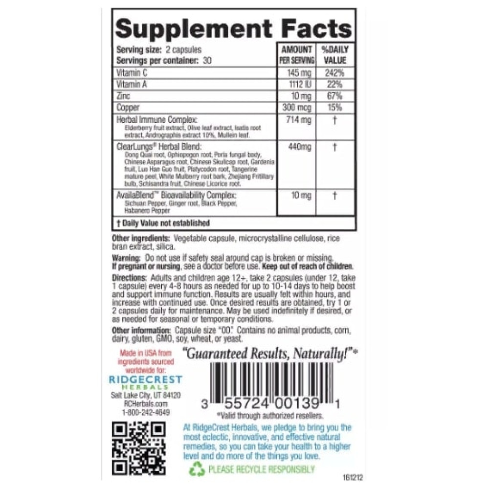 Комплекс для профілактики дихальної системи RidgeCrest Herbals Clear Lungs Immune 60 Veg Caps RCH139