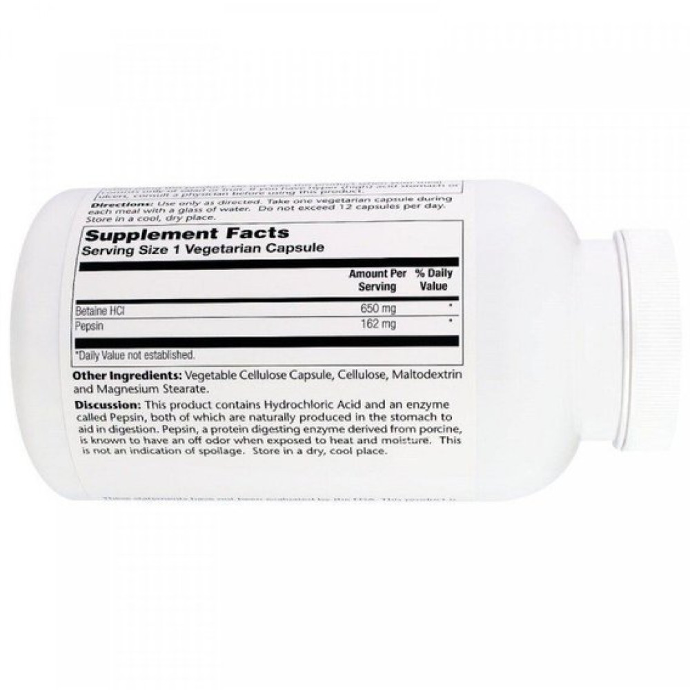 Бетаїну гідрохлорид Solaray HCL with Pepsin 650 mg 250 Veg Caps SOR-04815