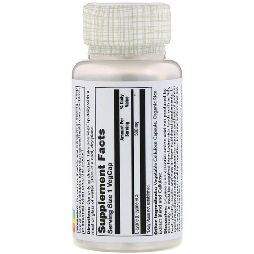 Амінокислота Лізін Solaray L-Lysine 500 mg 60 Veg Caps SOR-04940