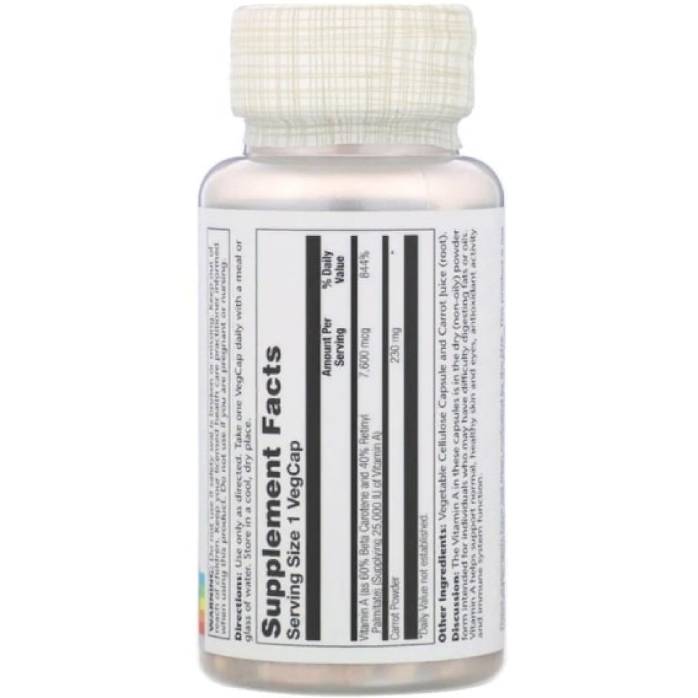 Вітамін A Solaray Dry Form Vitamin A, 25.000 IU 60 Veg Caps SOR-04130