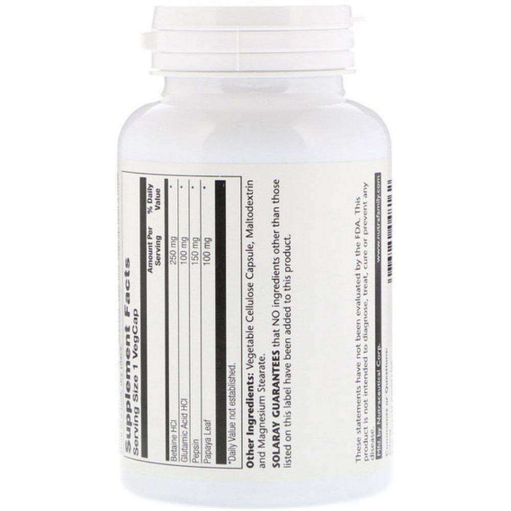 Бетаїну гідрохлорид Solaray HCL with Pepsin 250 mg 180 Veg Caps SOR-04816