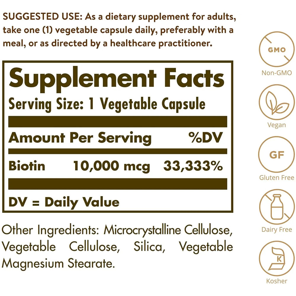 Біотин Solgar Biotin Super High Potency 10000 mcg 120 Veg Caps SOL-52392